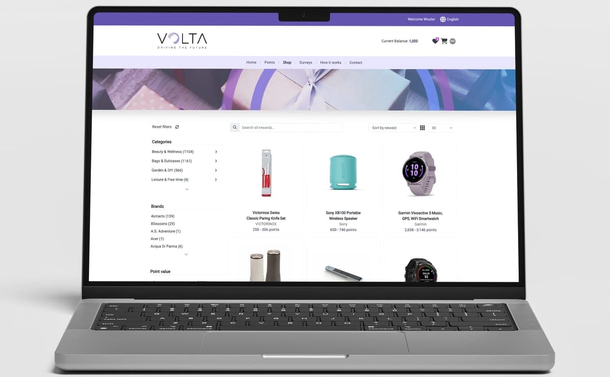 Volta sales incentive platform: reward shop with categories and brands